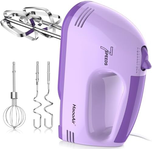 Purple handheld mixer with dough hooks
