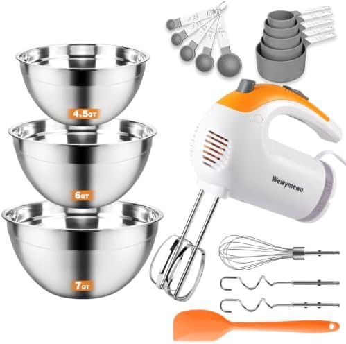 Five speed mixer with mixing bowls