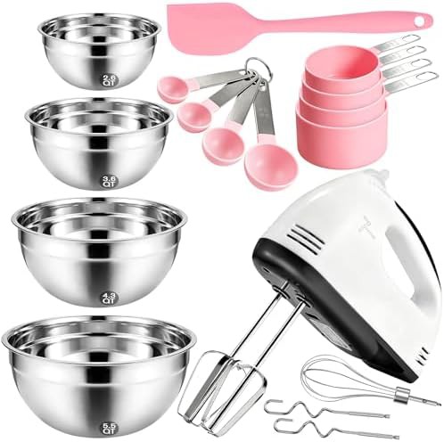 Pink seven speed mixer with stainless bowl set